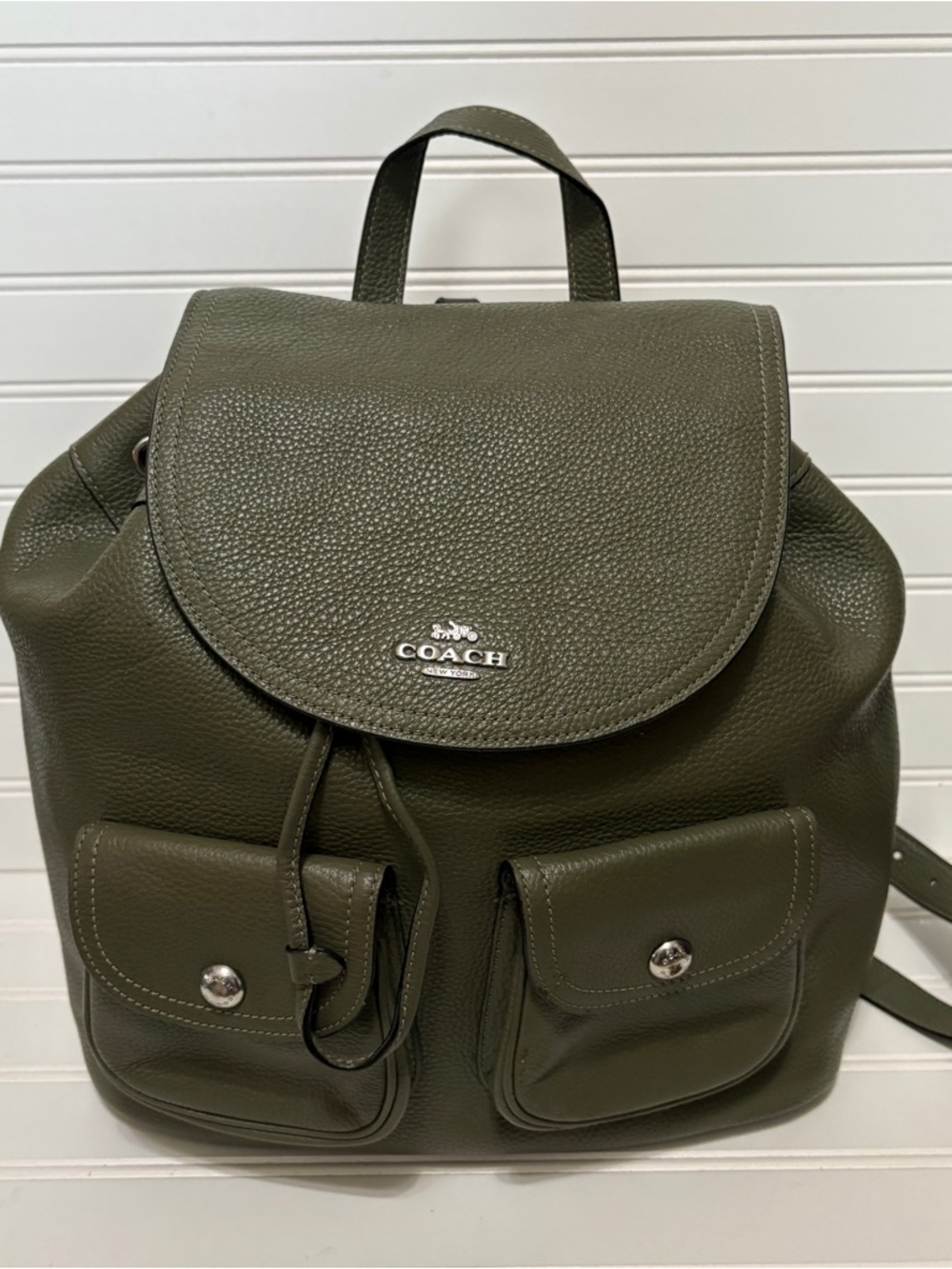 COACH Pennie Green Pebbled Leather Large Drawstring Backpack Tote Bag 6145